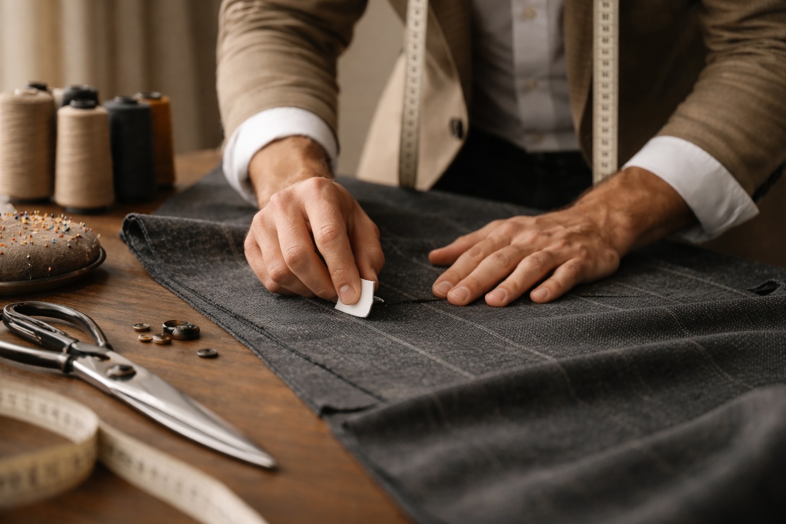 CUTURA Handwerk — Schneider arbeitet mit Stoff und Kreide